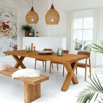 Country Table X Wooden Leg with Rough Surface Large Natural