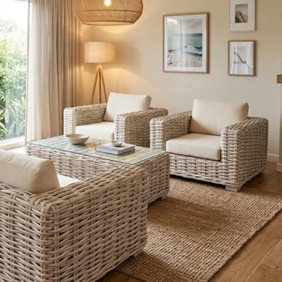 Saint Tropez Set with Cushion - 1 Sofa, 2 Chair & Table White Wash