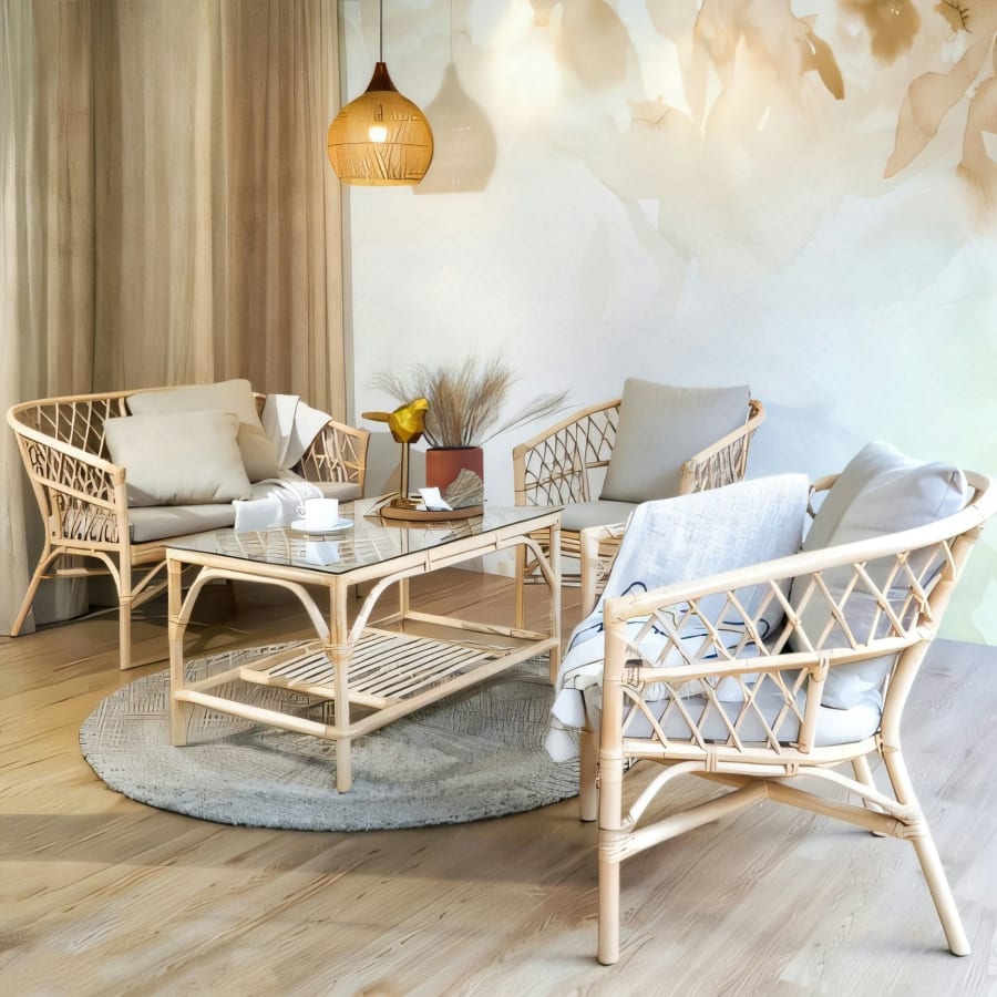 New California Living Set of Four 4 with Cream Cushion Set and Glass Top