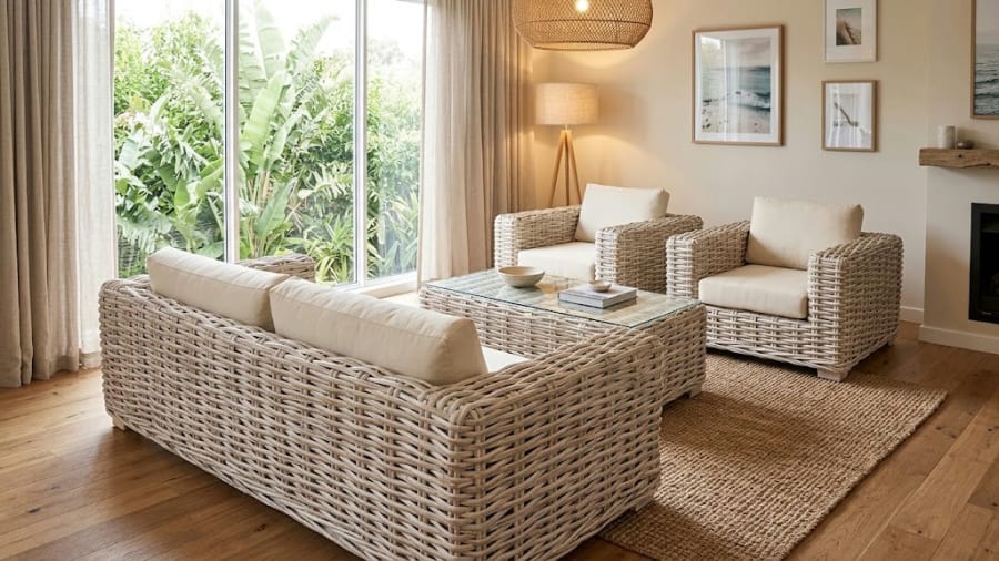 Saint Tropez Set with Cushion - 1 Sofa, 2 Chair & Table White Wash