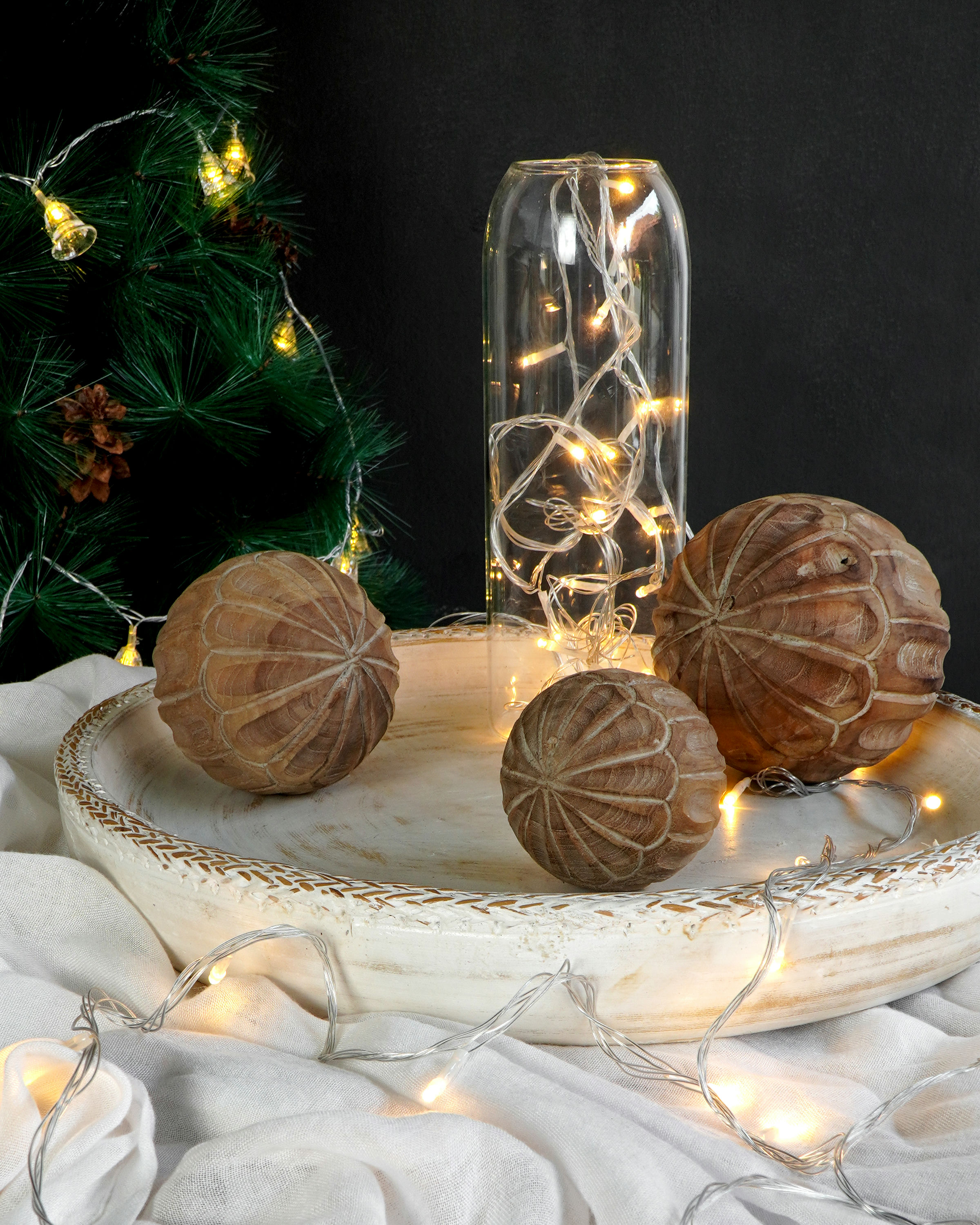 CHRISTMAS BALL DECO SET OF THREE - E NATURAL SMALL