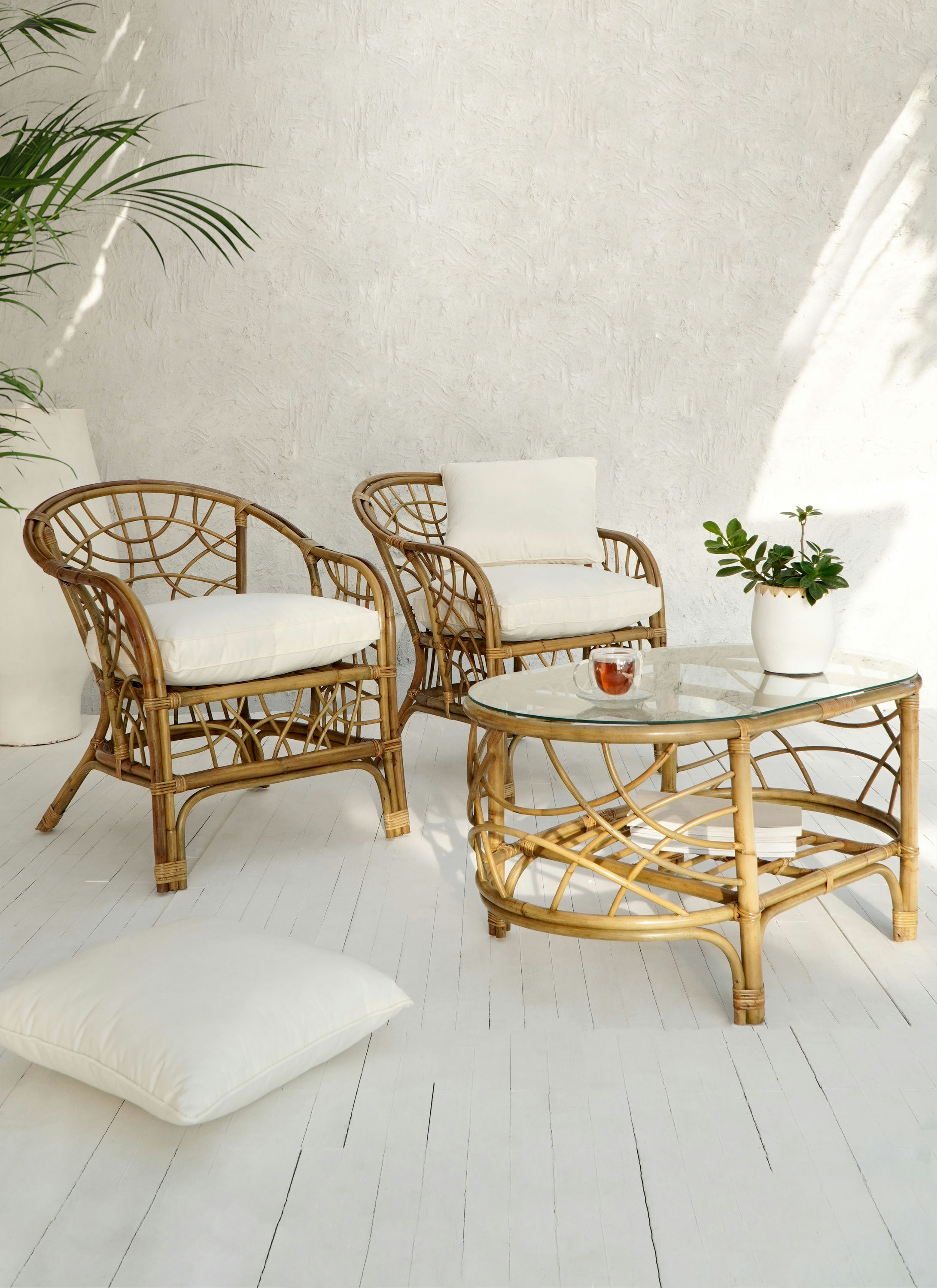 MARIANA LIVING SET OF THREE WITH CUSHION SET AND GLASS TOP - 2 CHAIR, 1 TABLE